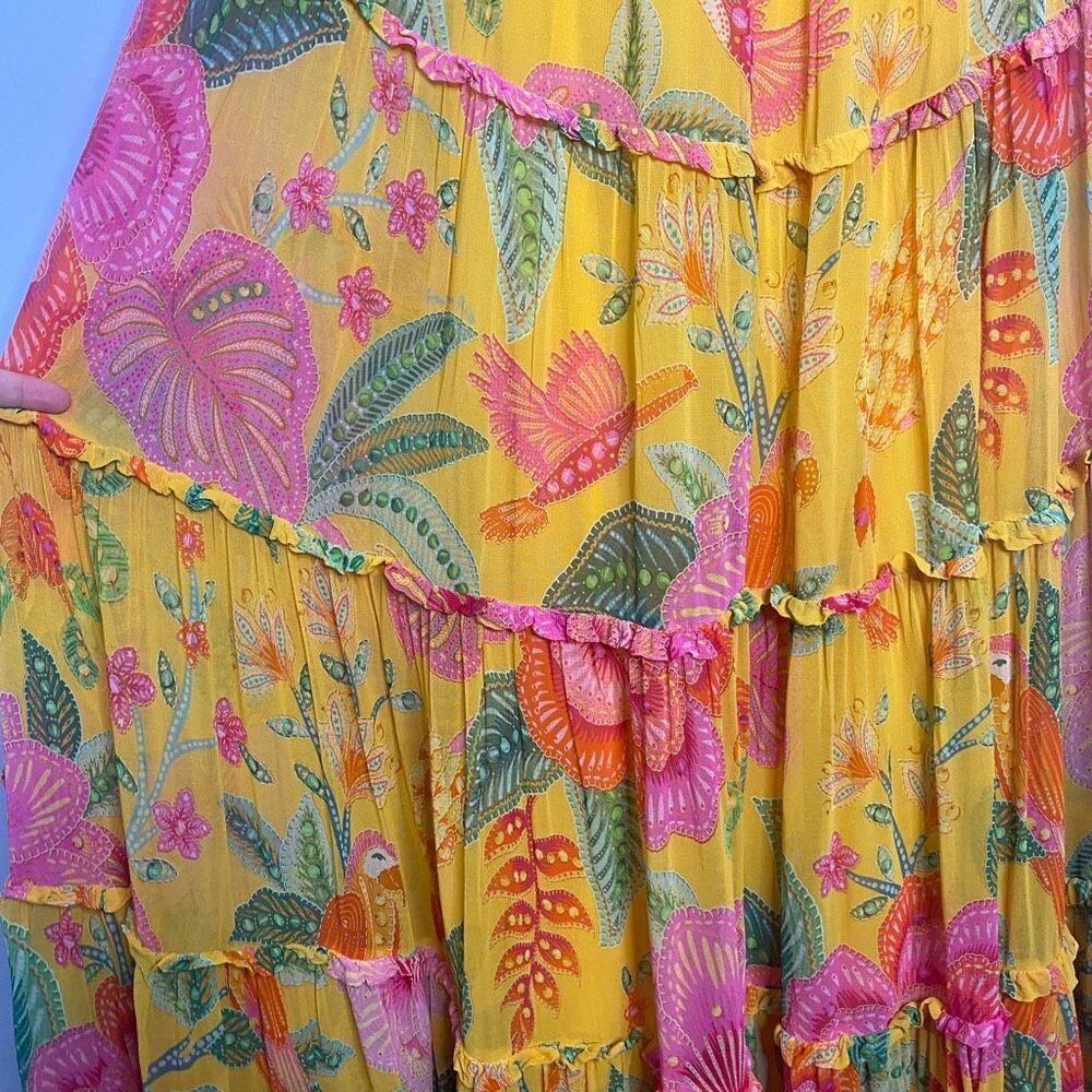 Farm Rio Macaw Bloom Tiered Maxi Dress Yellow Floral XS - Picture 12 of 16